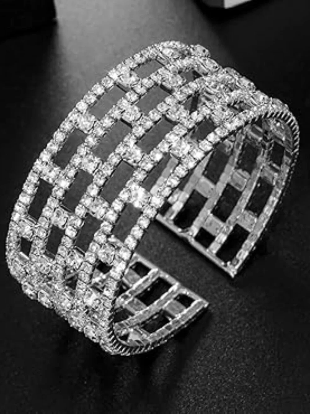 Multi Layer Crystal Cuff Bracelet Silver Tone Lots of Rhinestones